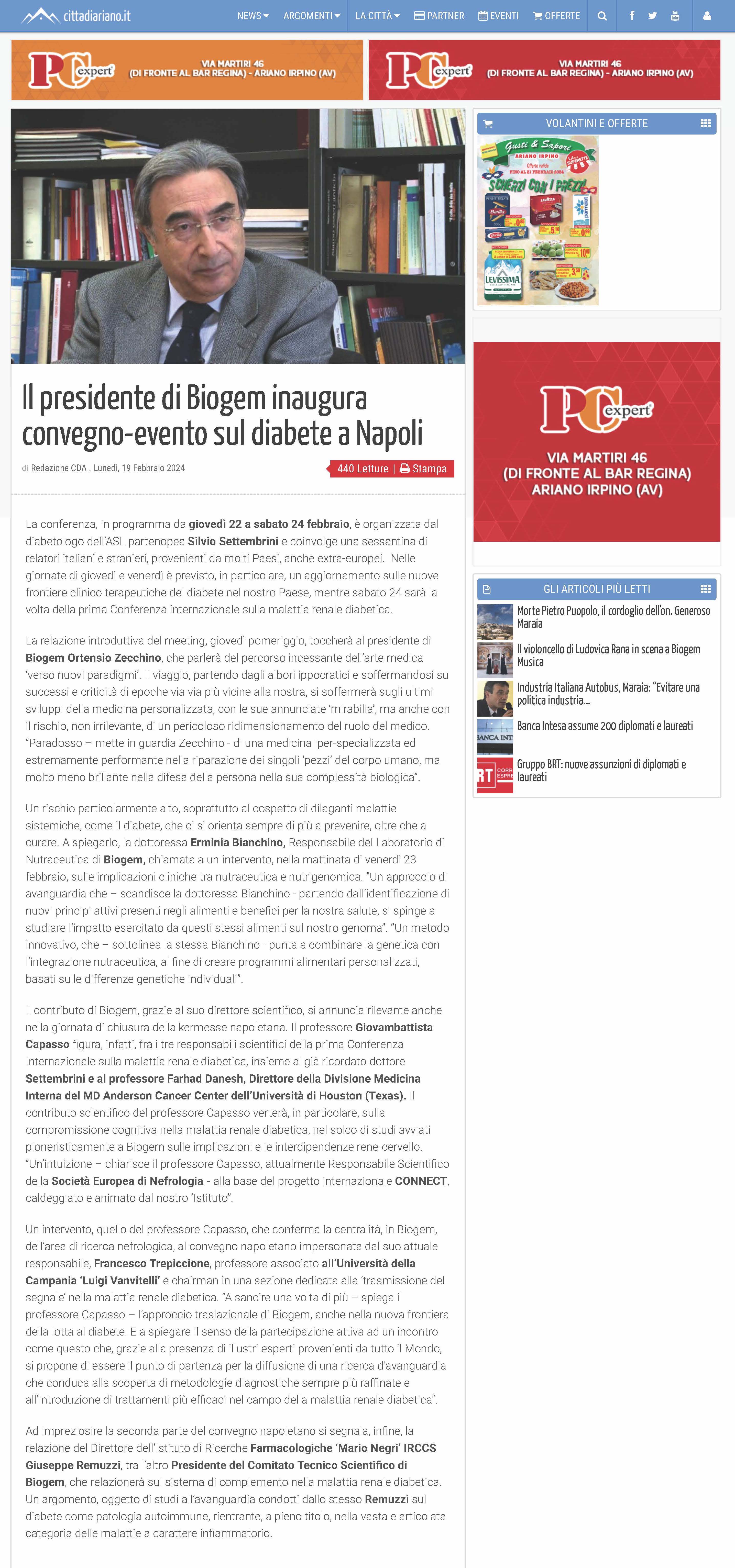 Il presidente di Biogem inaugura convegno-evento sul diabete a Napoli
